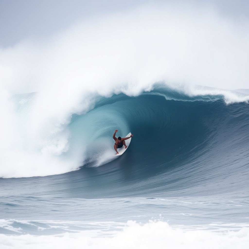 Surfer catching a massive wave